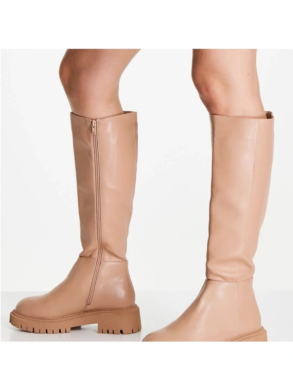ASOS London Rebel Tan Chunky Lug Sole Knee High Boots Size 8